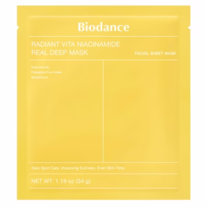 Biodance Radiant Vita Niacinamide Real Deep Mask - hydrożelowa maska rozjaśniająca do twarzy z niacynamidem w żółtym opakowaniu