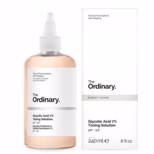 The Ordinary Glycolic Acid 7% Toning Solution 240 ml – tonik złuszczający pH ~3,6, wygładza i rozświetla skórę.