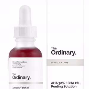 The Ordinary AHA 30% + BHA 2% Peeling kwasowy 30 ml – butelka z pipetą, czerwony roztwór, produkt do intensywnego złuszczania i oczyszczania porów